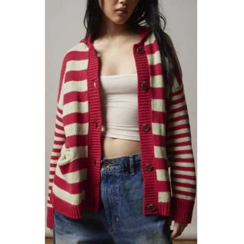 Urban Outfitters BDG Red/Cream Striped Knit Nicky Cardigan Collared XS NWT